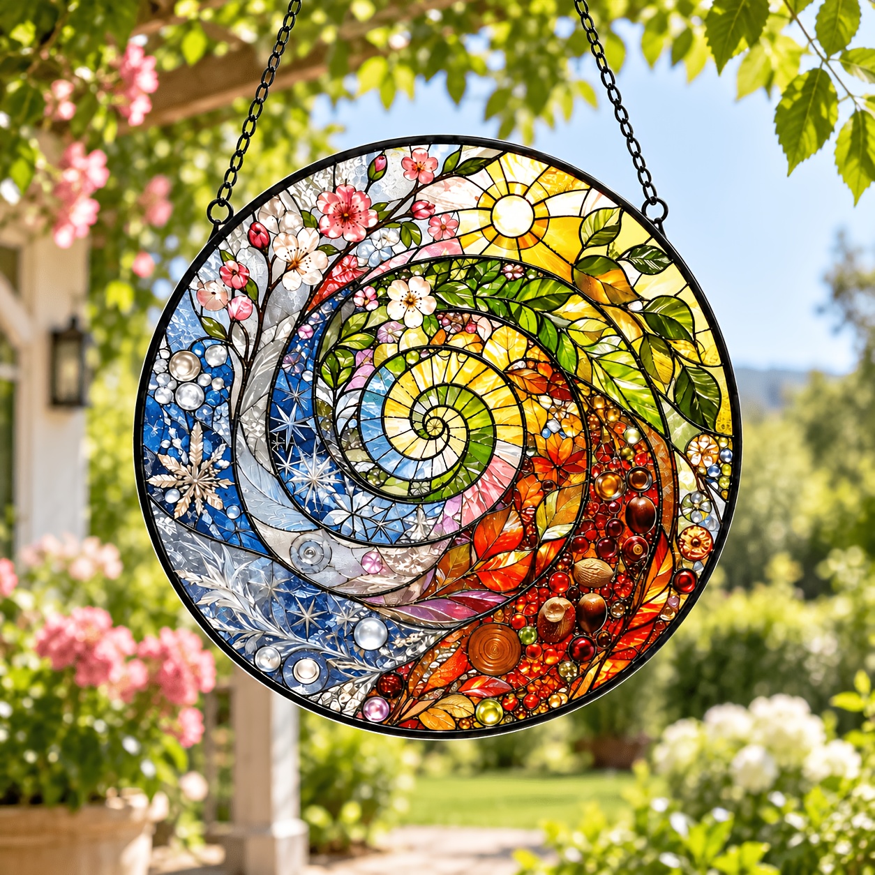 TEMU Attrape-soleil en acrylique spirale 2D plat, coloré , ornement de fenêtre rond floral 20 cm de soleil et , style vitrail, pour la décoration du