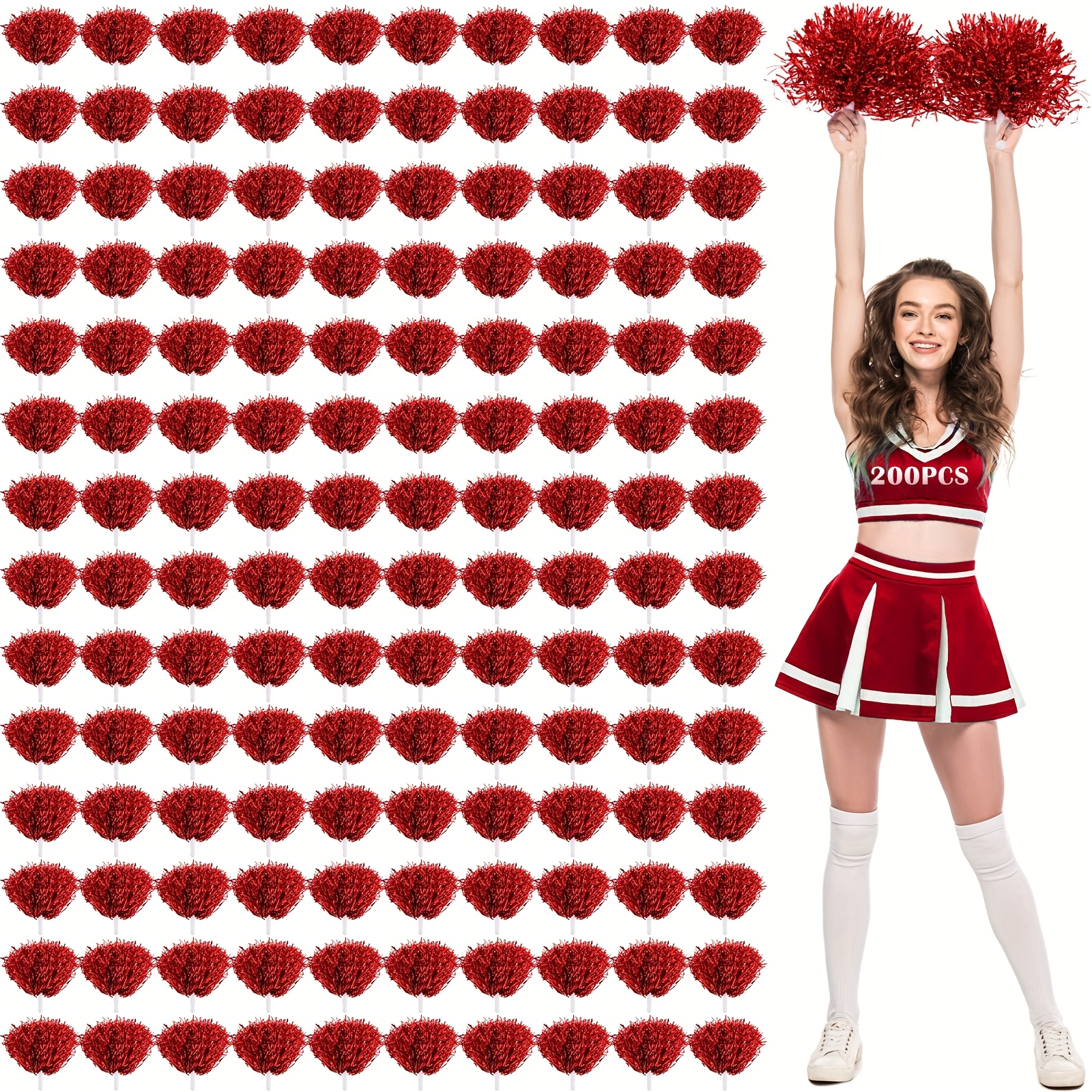 200pcs of metallic foil cheerleading pom poms in bulk featuring   handles       events dance parties and basketball games color red