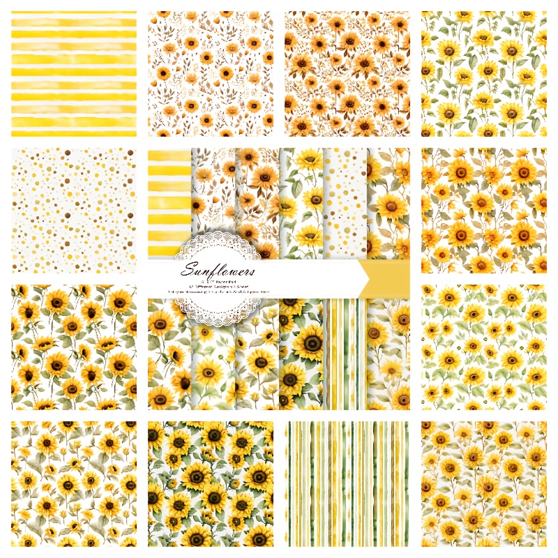 Image of 12 Sheets 6x6 Inches Golden Sunflowers Patterns Designs Paper Pack, Assorted Sunflower Designs For Journals, Collage Art, Greeting Cards, And Crafts