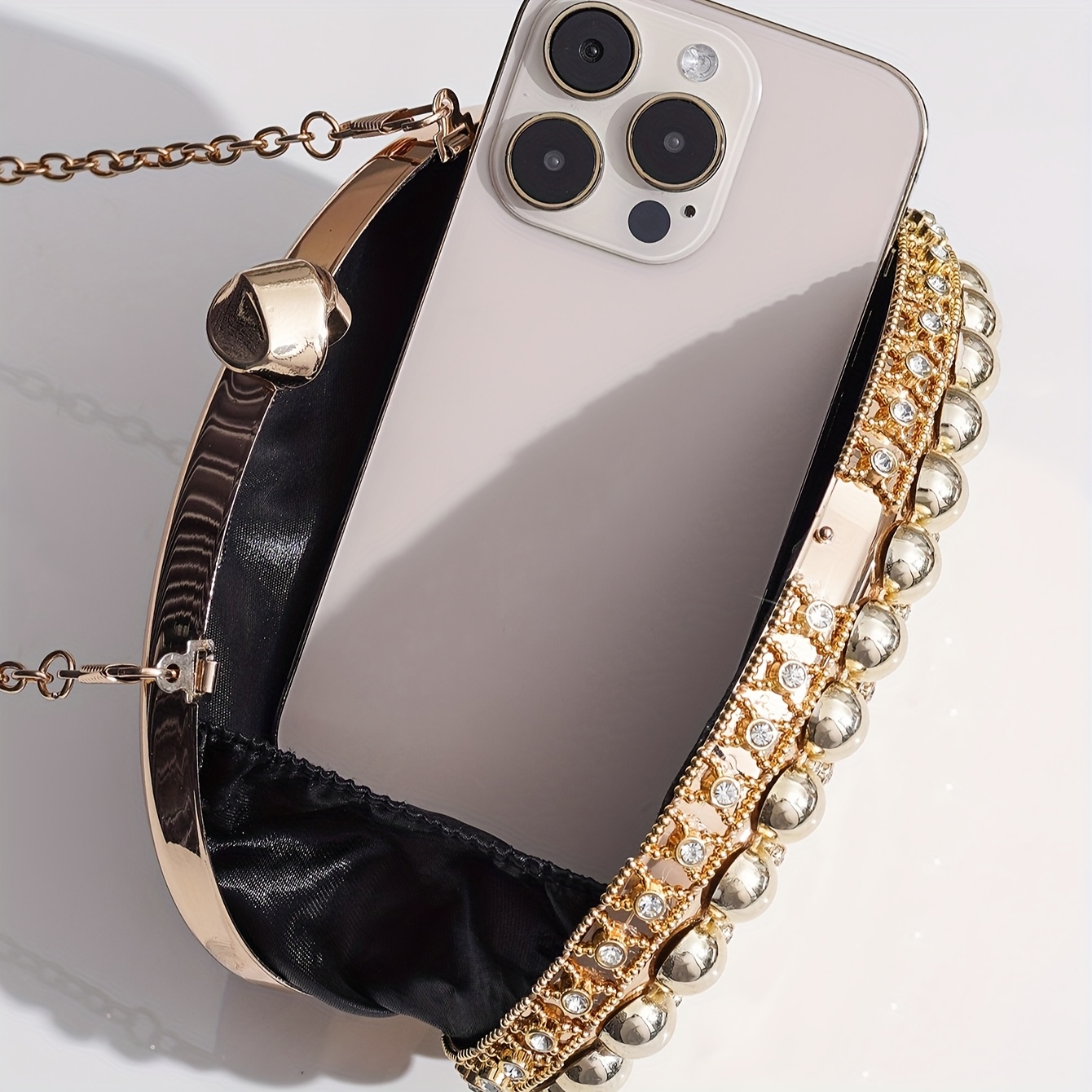 Elegant Golden Glitter Oval Clutch with & Bead Embellishments – Stylish Evening Bag for Parties, Proms, and Formal Events – Acrylic Material, Polyester Lining, Secure Clasp Closure