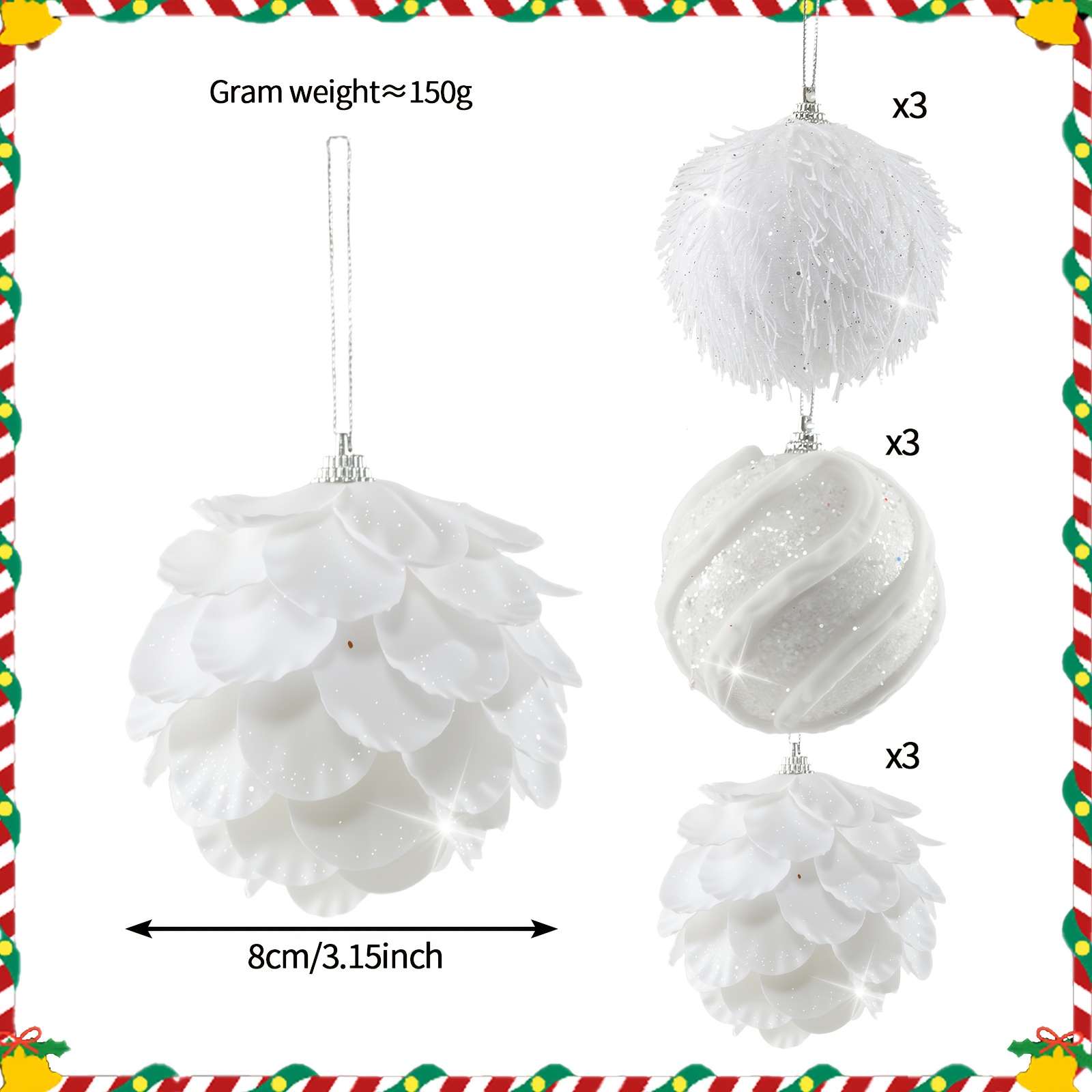 TEMU 9pcs Of White Christmas Tree Balls, 3.15 Inches In Size, Shaped For Christmas Tree Decorations, Shatterproof Holiday Ornaments
