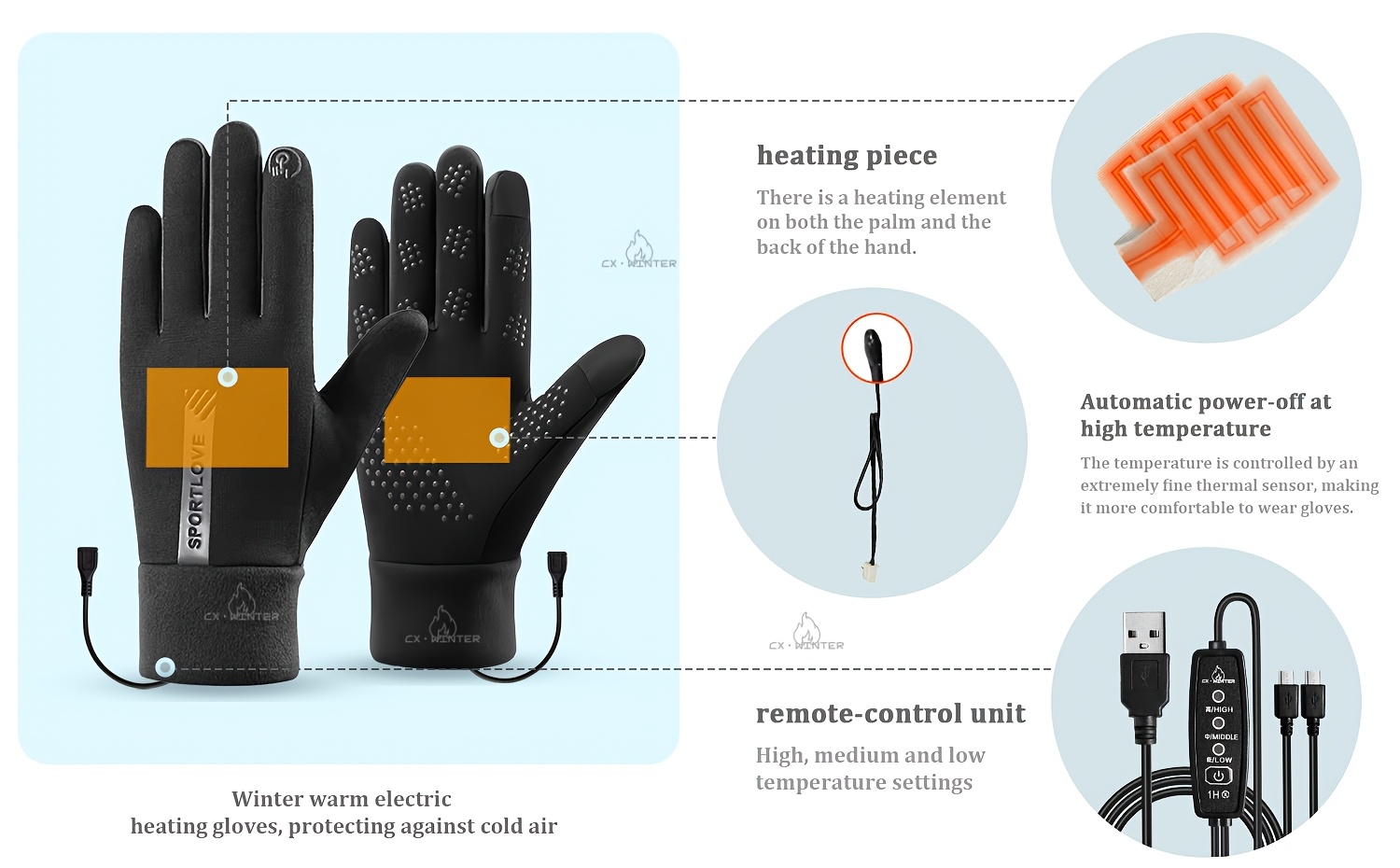 Winter Warm Gloves, Electric Heating Gloves, Intelligent Three-level Temperature Control, Double-sided Heating, Automatic Power-off at High Temperature, Comfortable Liner,Requires a USB Power Source to Be Used,An Excellent Winter Gift.