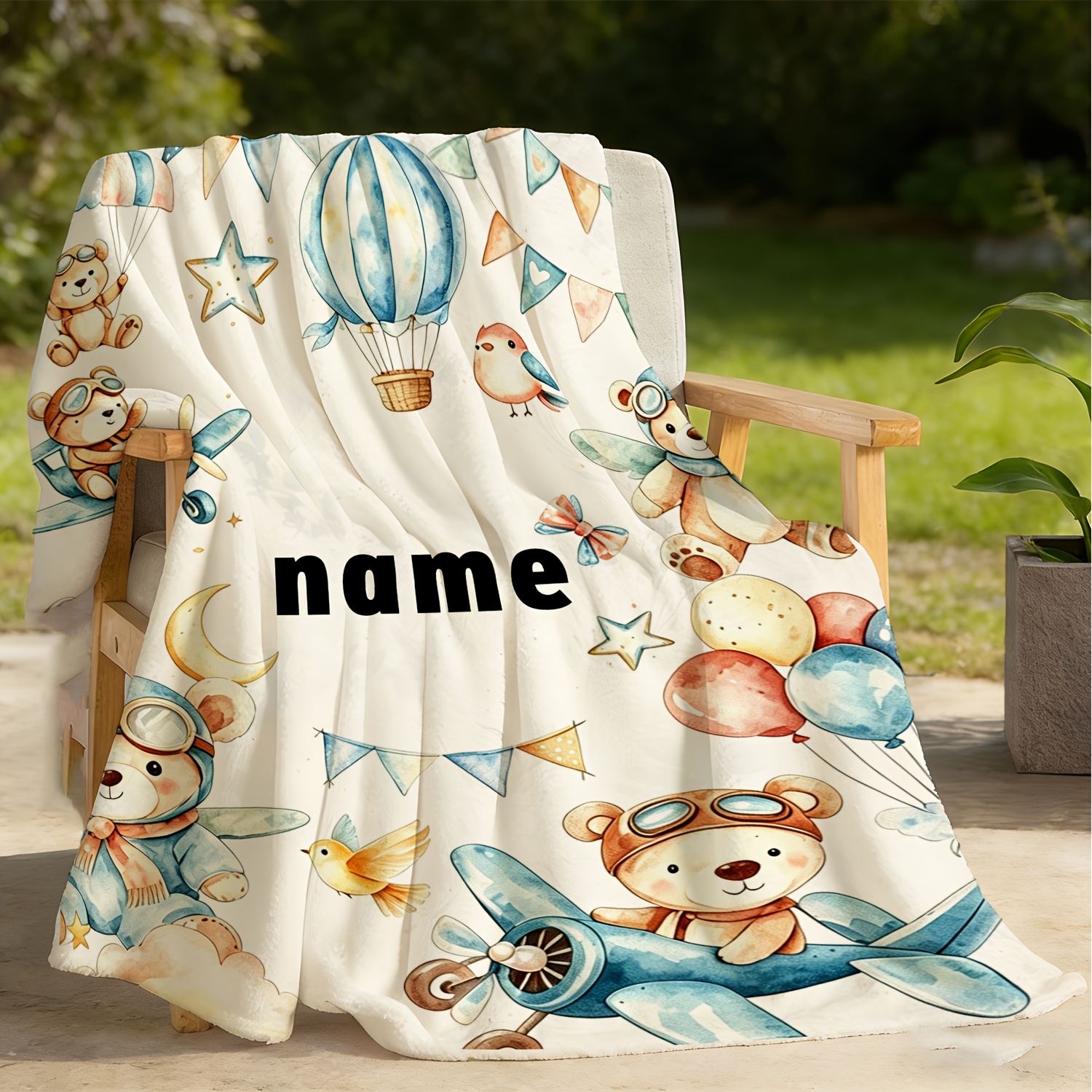 Pilot Bear Airplane Hot Air Balloon Customizable Name Blanket