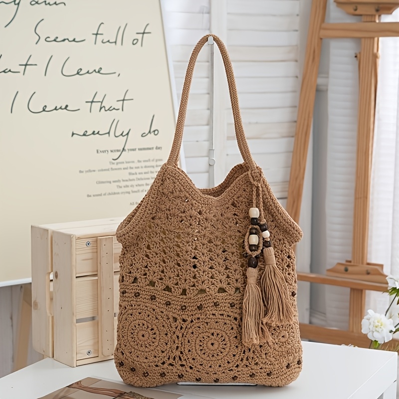 Image of Women's Tote Bag, Vacation Bag In Khaki/beige, Crochet Boho Hobo Bag, Beach Bag For Women, Bohemian Woven Handbag, Beach Handbag, Bohemian Crossbody Bag With Tassels