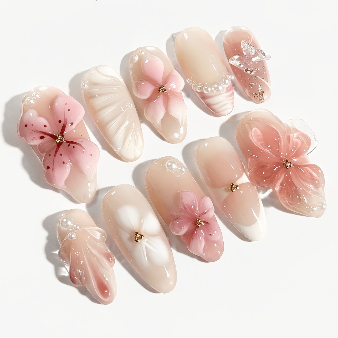 TEMU Lot de 10 faux ongles amandes moyens à presser pour femme, adaptés pour mariage et usage - Faux ongles en gel dégradé laiteux avec en 3D