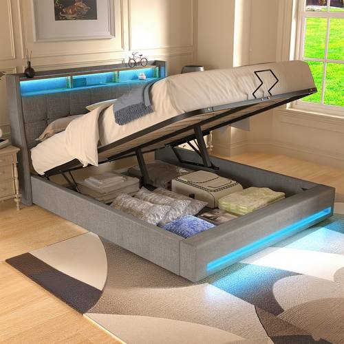 upholstered with hydraulic lift led storage headboard double size bed frame with led lighting linen functional upholstered storage bed no mattress grey 53 5 85inch