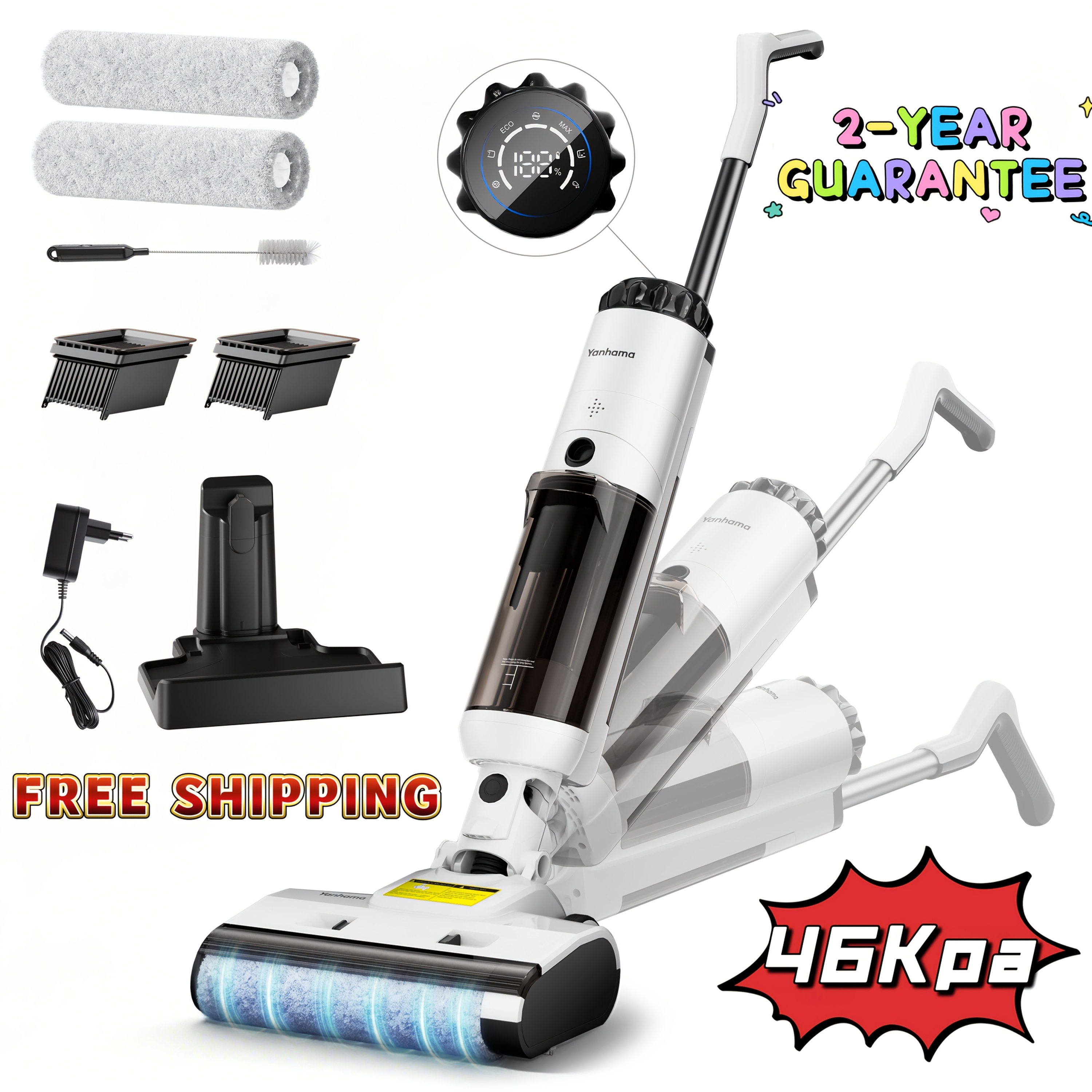 Yanhama Suction 46kpa, Vacuum And Mop 2-in-1 Slim 180° Flat-lay, Mopping, Self-cleaning, Voice Reminder For Multi-surface Cleaning, Hepa Filter, Coffee , Prints, And Kitchen Grease, Home