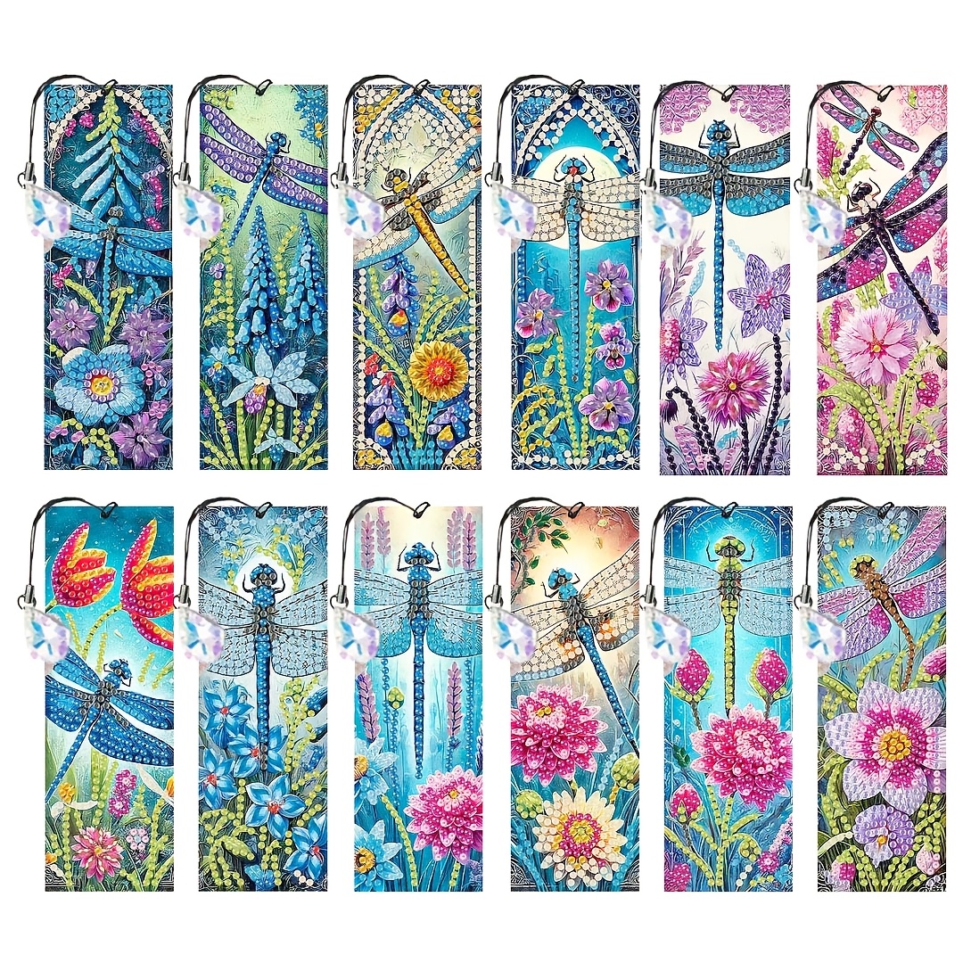 TEMU 2d/flat 12pcs Set Of Flower And Dragonfly Diamond Painting Bookmarks, Uniquely Designed Decoration Bookmarks, Equipped With Hanging Ropes And