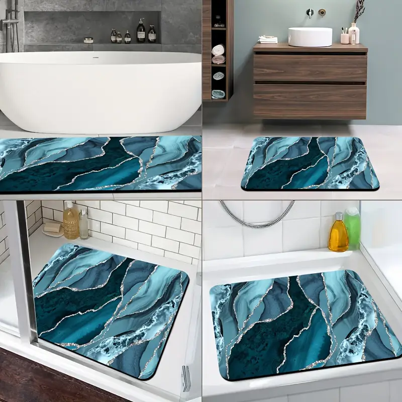 1pc diatomite bath mat with ocean blue and silvery artistic pattern print quick dry non slip absorbent floor mat soft comfortable for bathroom shower laundry room bedroom doorway rv kitchen rug bathroom rugs non slip bathtub mat bath matts for bathroom small bath mat rug bathroom doorway rug shower mat decorative floor mat geometric pattern durable rubber mat absorbent rug household rug floor rug rv owners small Product details 8