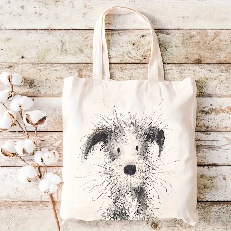 

1pc Minimalist Animal Print Canvas Tote Bag, Reusable Straw Dog Illustration Grocery Bag, Unlined Storage Handbag With Fixed Shoulder Straps, For Women, Puppy Lovers, Holiday & Christmas Gifts