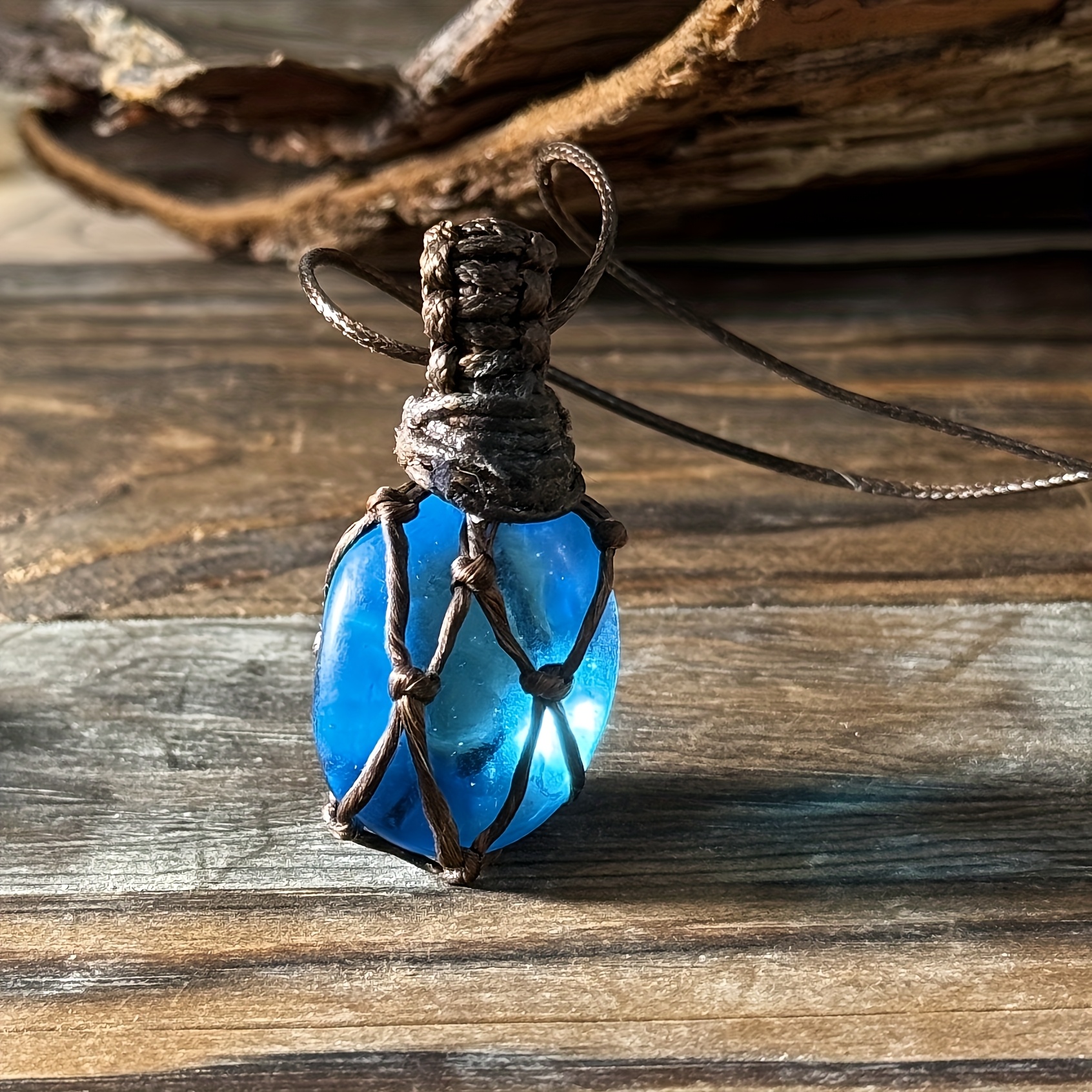 Handmade Vintage Natural Blue Glazed Pebble Pendant Necklace