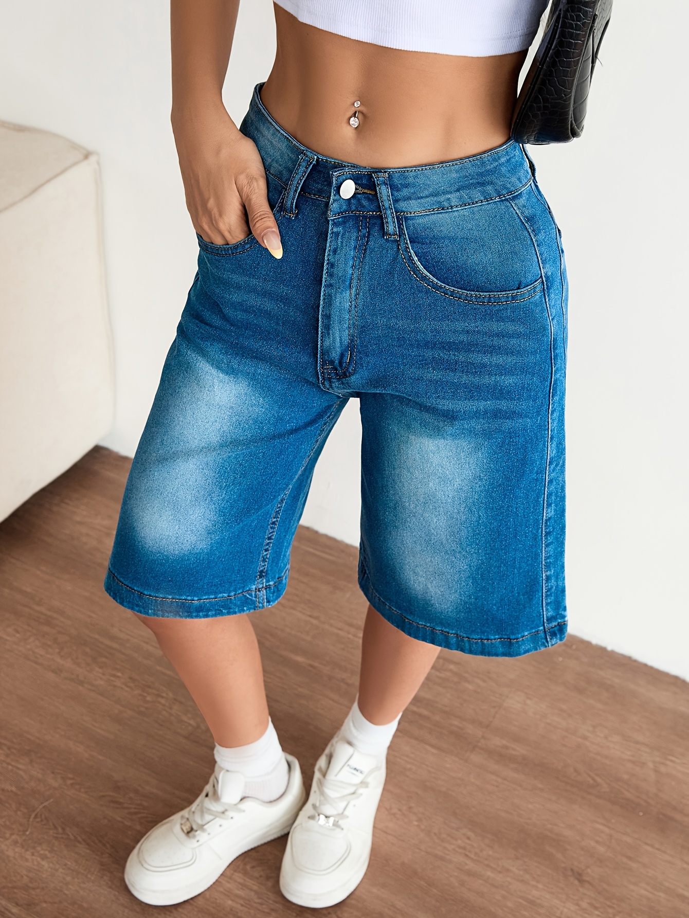 womens stretch denim bermuda shorts casual wide leg pockets Temu