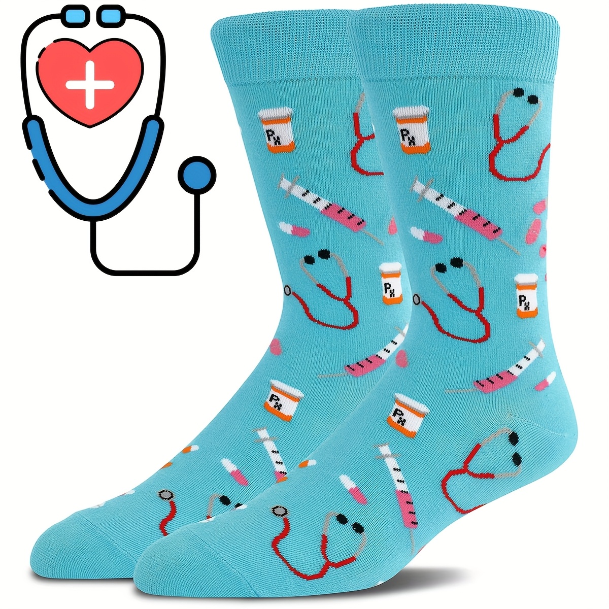 

1 Pair Unisex Medical Nurse Themed Crew Socks, Geometric Pattern With Stethoscope, Syringe, And Pill , Soft Comfortable Casual Outdoor Knit Polyester Socks With 5% Spandex