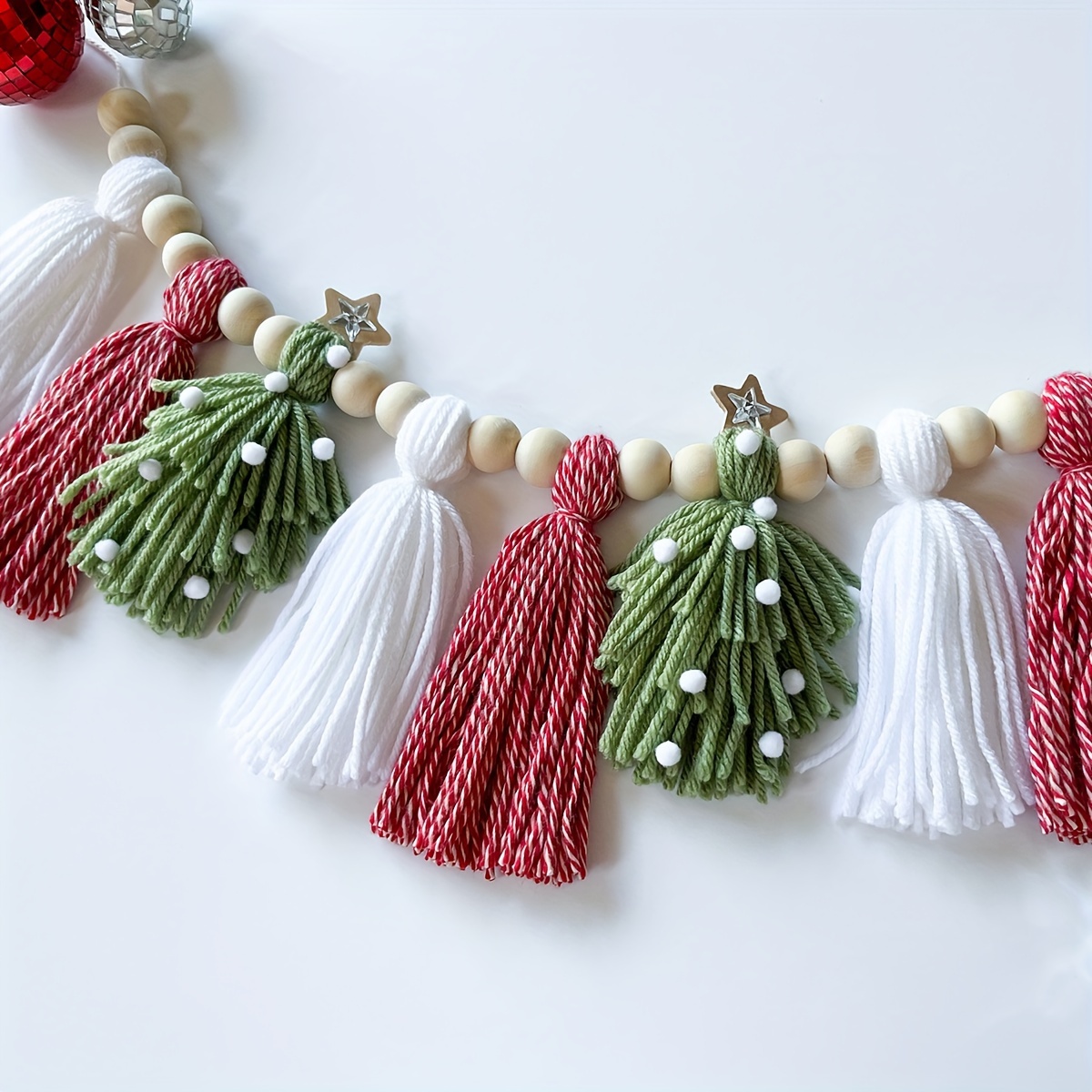 Image of Christmas Tree Nordic Style Wooden Bead Tassel String Bohemian Hanging Ornament String Wall Decoration Wall Hanging Christmas Decoration