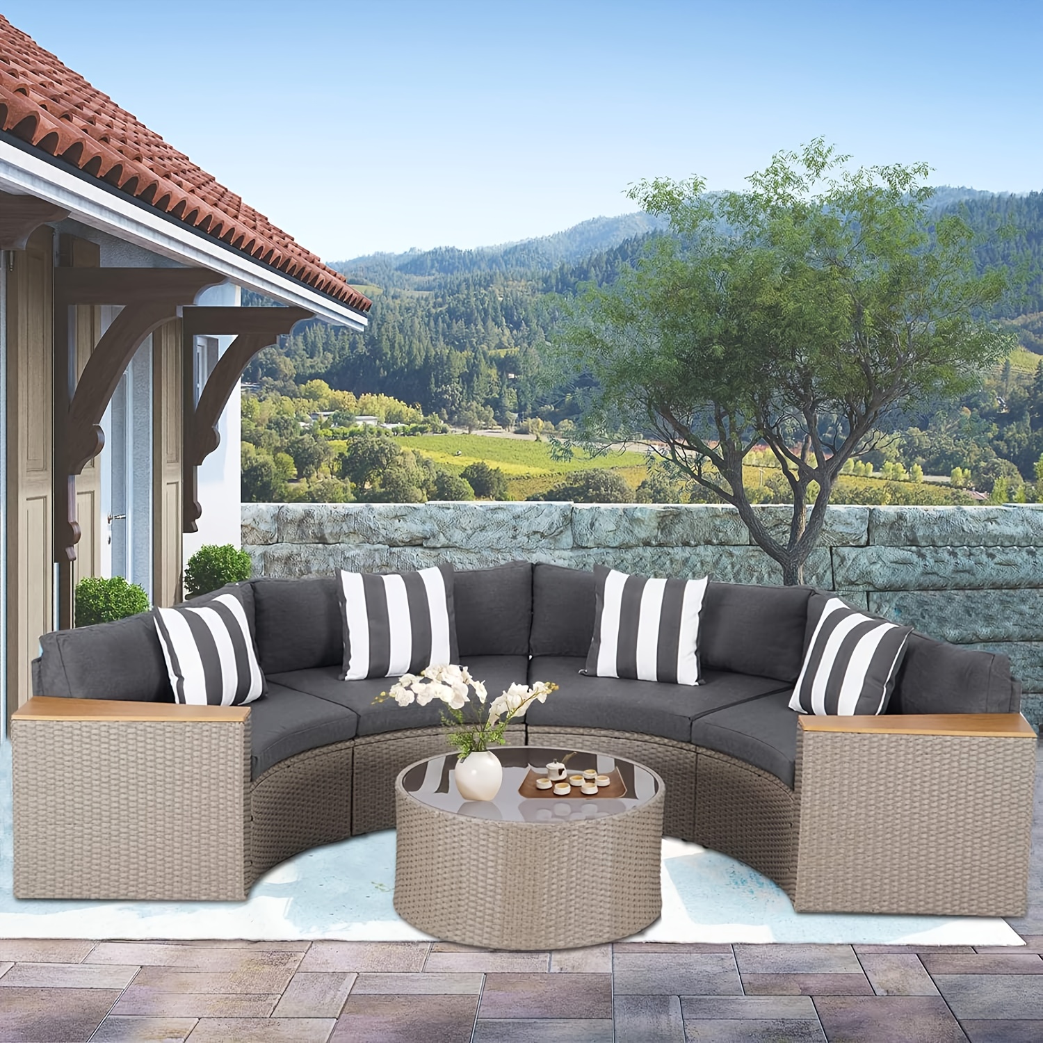 Outdoor Half Moon Patio Furniture 5pcs Curved Outdoor Sofa, All-Weather Outdoor Sectional Furniture Patio Conversation Sets with Round Tempered Glass Top Table with Cushion