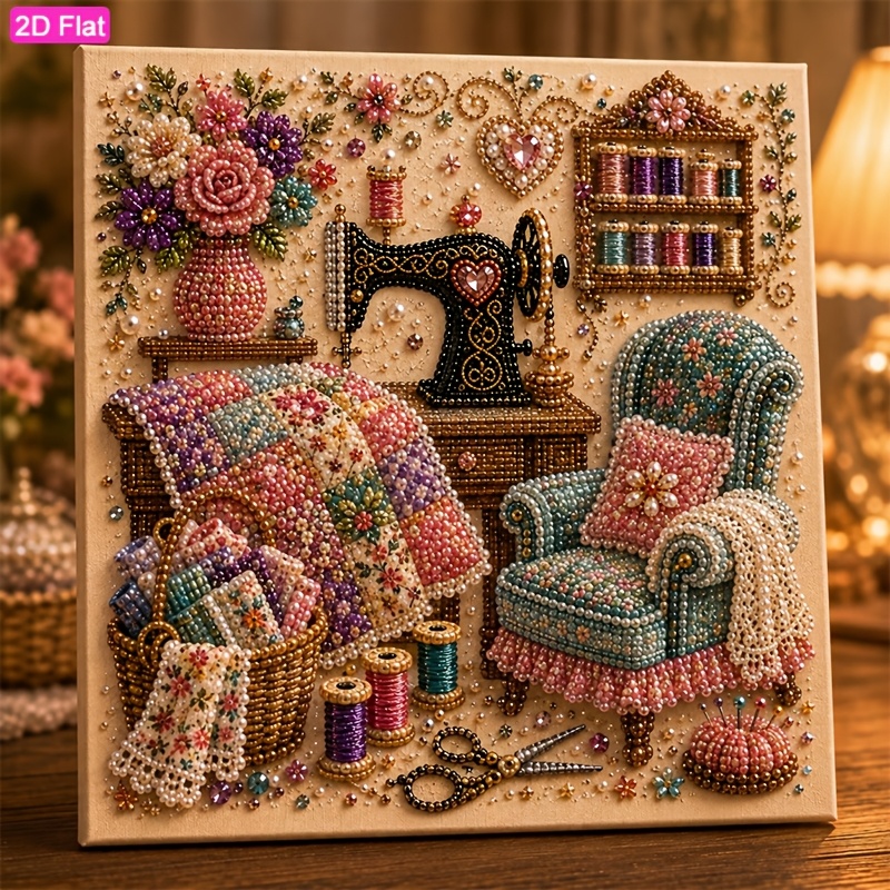 TEMU New Arrival! "cozy Sewing Room" Pattern Diamond Painting Kit (2d Flat, Unframed Art); Includes Diamonds, Symbol-coded Canvas, And Full Tool Set;