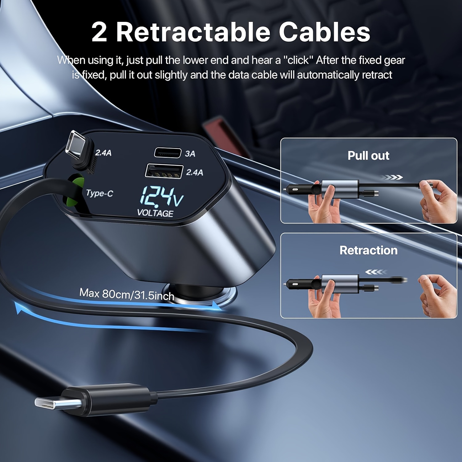 

Dual Type C Retractable Cable , 120w Fast Charging, 4 In 1 Fast Car Charge Retractable Cables For Ios And Android, 1 Usb And 1 Typec Ports Adapter For Iphone, Android, Tablet Pc And More.