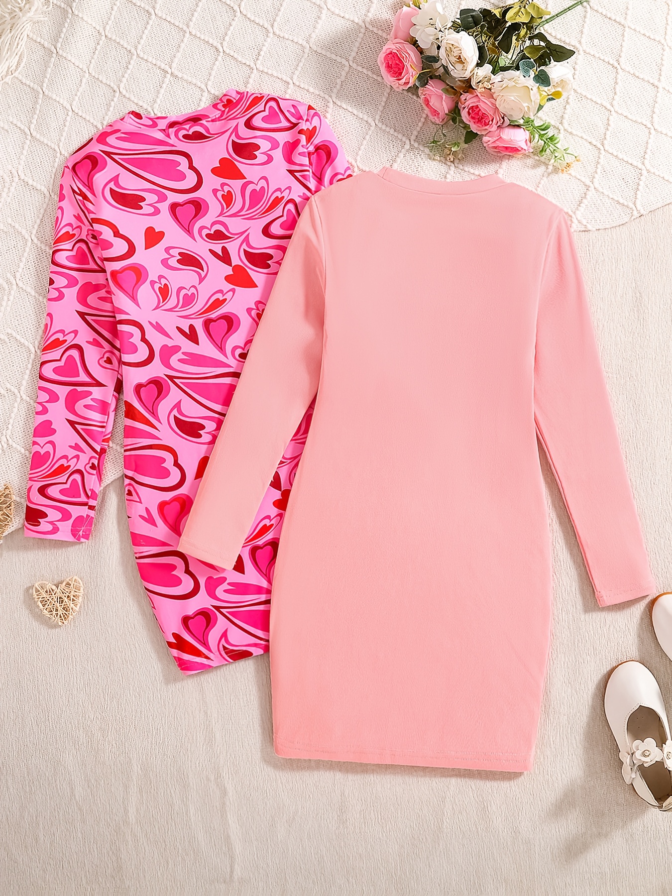 Girls' Two-Piece Set: Autumn Heart Pattern Round Neck Long Sleeve Dress and  Bodysuit, Kids' Casual Fashionable Versatile Outfit for Casual Attire