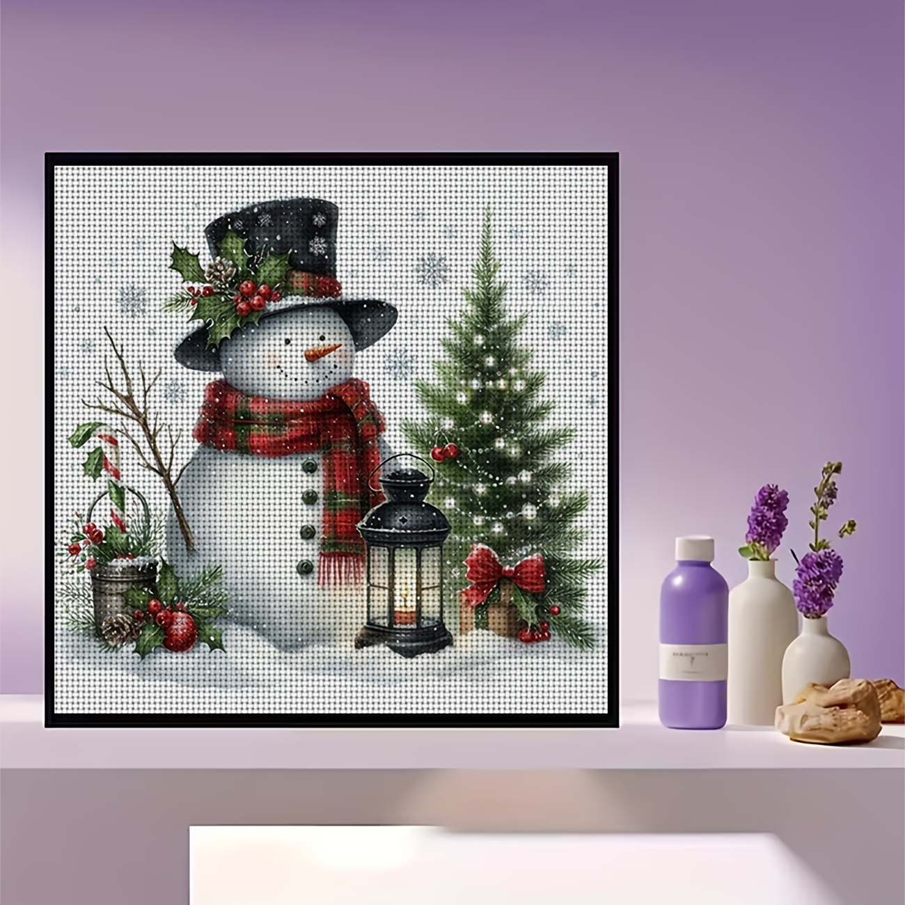 Cross Stitch Printed Kit, Frameless, Christmas Snowman and Tree Pattern