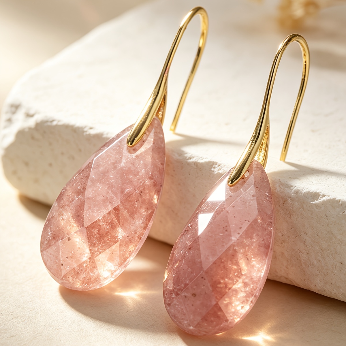 Women's Cherry Quartz Pendant Earrings with Water Droplets