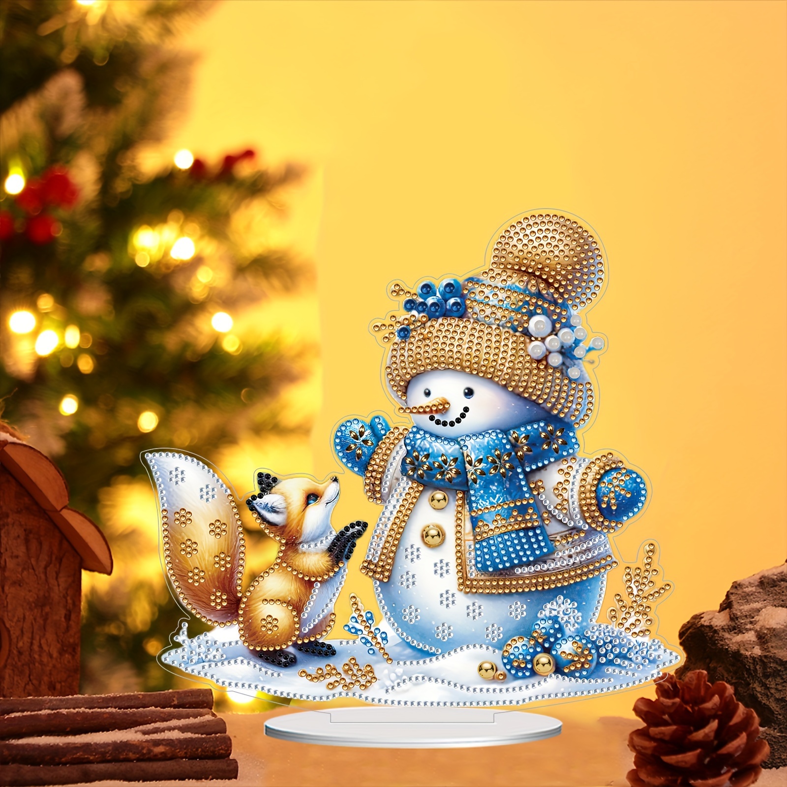 

5d Diy Diamond Painting Kit Snowman With Fox Tabletop Decor - Handmade Irregular Shaped Acrylic Mosaic Art - Unique Home & Office Desk Ornament - Crafty Gift With Full Accessories Set & Gift Box