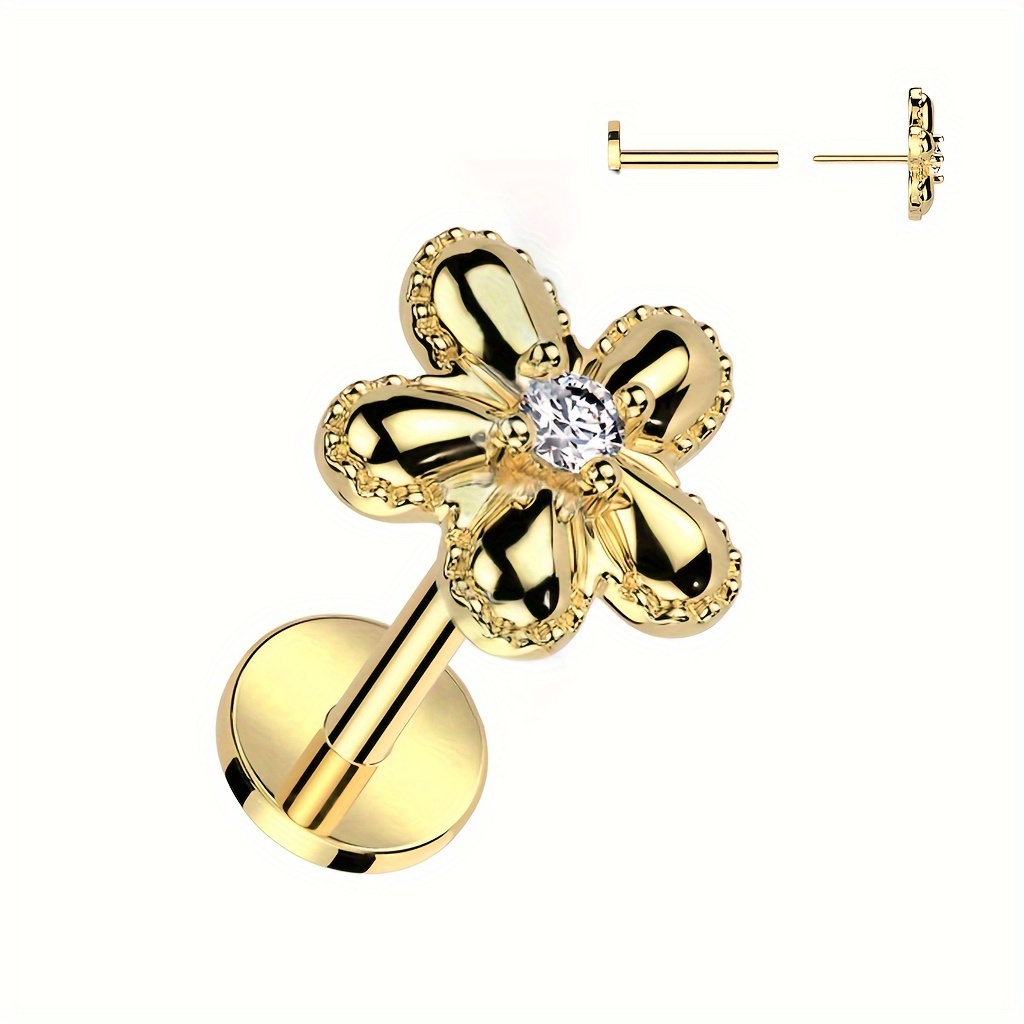 Image of Single-piece Five-petal With Synthetic Zirconia-inlaid In . Flower-shaped Piercing Jewelry For Ears, Cartilage, Helix, Tragus, Lip, And Nose. Body Piercing Jewelry For Dates, Parties, And Daily Wear.