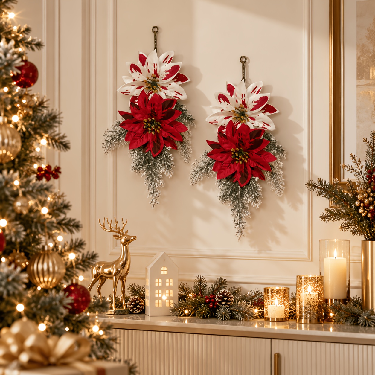 TEMU 2pcs Christmas Hanging Vines, Realistic -grade Tower Pine Greenery Vines, With Dual--grade Red, Vertical Holiday Door Wall Decor, Suitable For