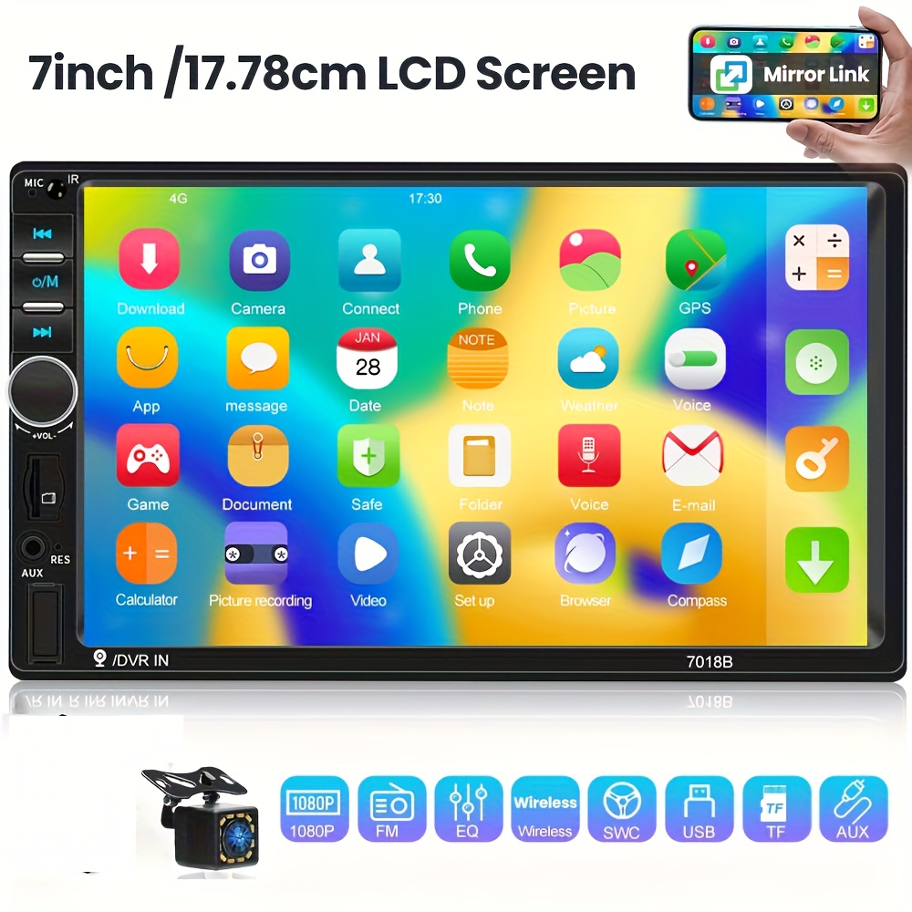 Camecho 1pc Double Din Eq Car Stereo Featuring A 7" Lcd Display, With Wireless Fm, Mp5 Player, Usb/sd/aux , And Functionality, Ideal As Christmas And Black Friday Gifts, Without Battery