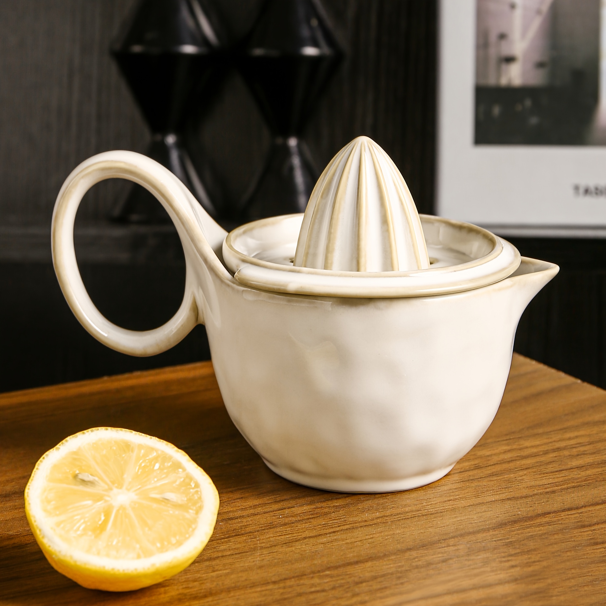 item picture 1 ceramic lemon juicer a vintage   reactive glaze ceramic manual citrus lime juicer with a handle and pour spout a manual pressing type lemon juicer with a bowl a household kitchen accessory