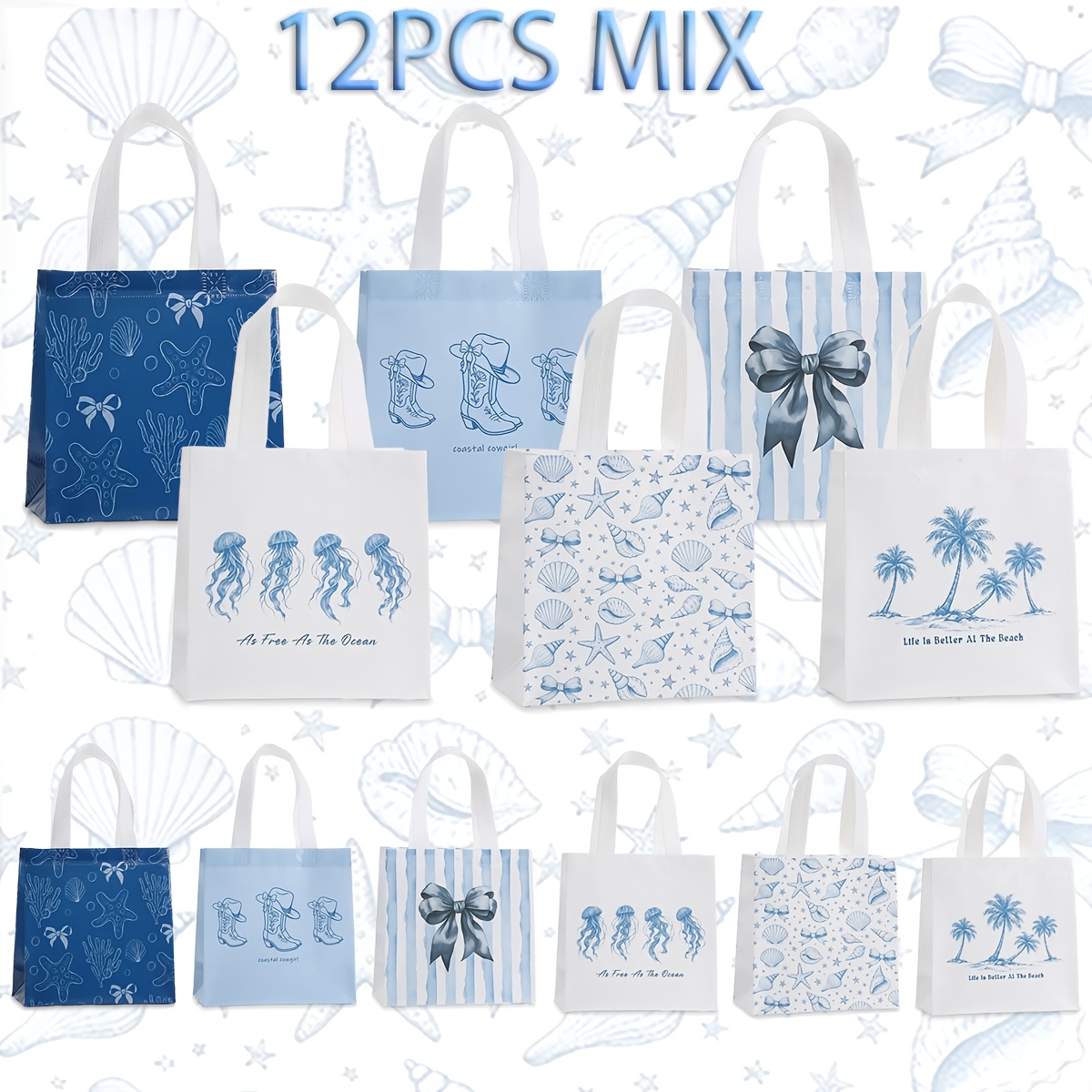 TEMU 12pcs Blue Theme Seaside Pattern Non-woven Fabric Gift Bag Handheld Bag, Party Handheld Gift; Blue Ocean, Starfish, Shell Pattern Printed Gift