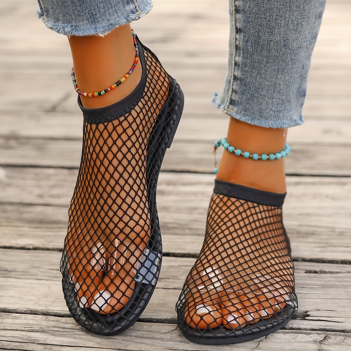 Women's Fashion Fishnet Sandals, Casual Hollow Out Slip On Summer Shoes,  Stylish Outdoor Flat Sandals