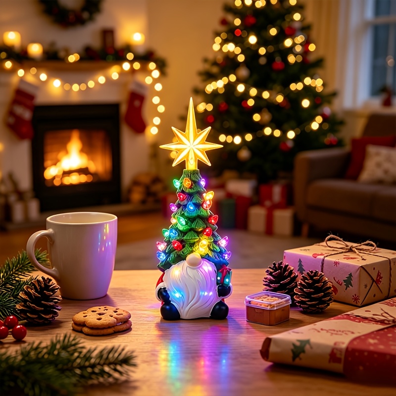 TEMU 2pcs Christmas Tree Shaped Gnome Figurines With Colorful Lights And Topper, Collectible Figurines, Tiny Tabletop Decor For Mantel And Coffee