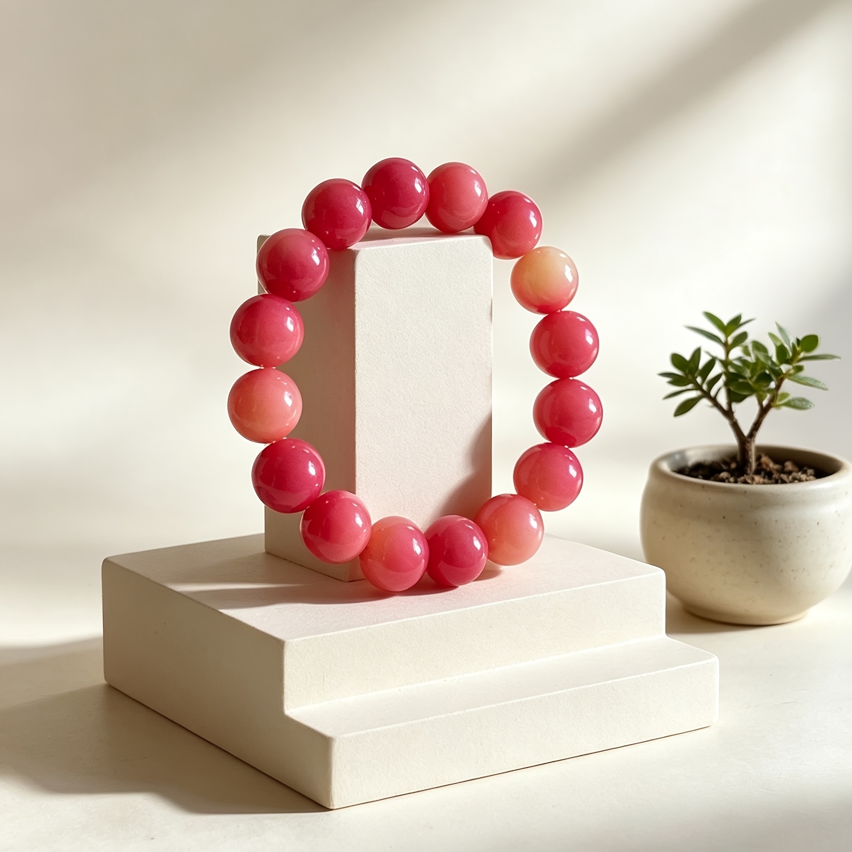 Natural Bodhi Bead Bracelet, Gradient Cherry Red