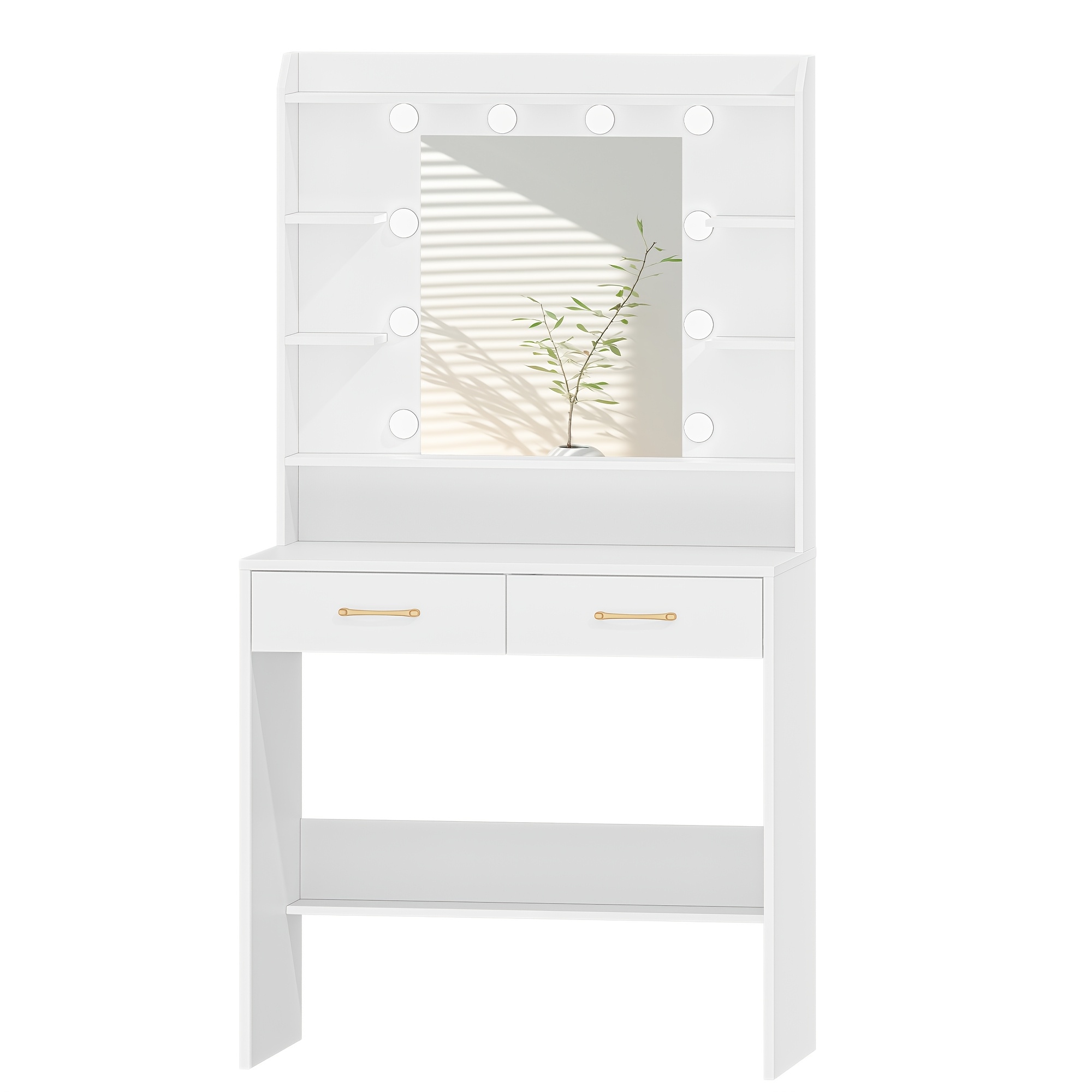 E-shop Schminktisch mit Spiegel, Regalen und 2 Schubladen | Geeignet für Schlafzimmer und Wohnzimmer, Einstellbare Helligkeit, 40 x 80 x 149 cm, Weiß,