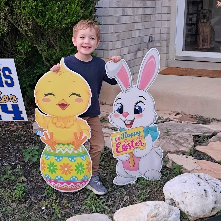 

2pcs Easter Yard Signs Cute Bunnies Chick Outdoor Lawn Decorations Yard Signs With H Stands For Easter Party Spring Patio Lawn Supplies Lawn Garden Decor