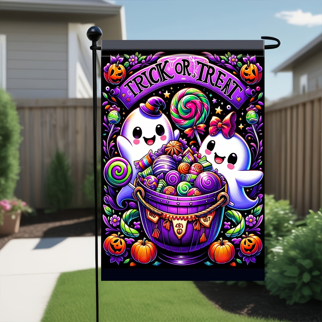 

1pc Halloween Trick Or Treat Garden Flag - Double-sided Polyester Yard Flag, 18x12 Inch, Outdoor Decoration For Lawn, Home, No Flagpole Included