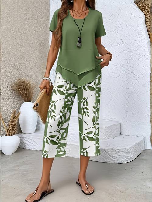 womens casual solid color short sleeved top botanical print shorts