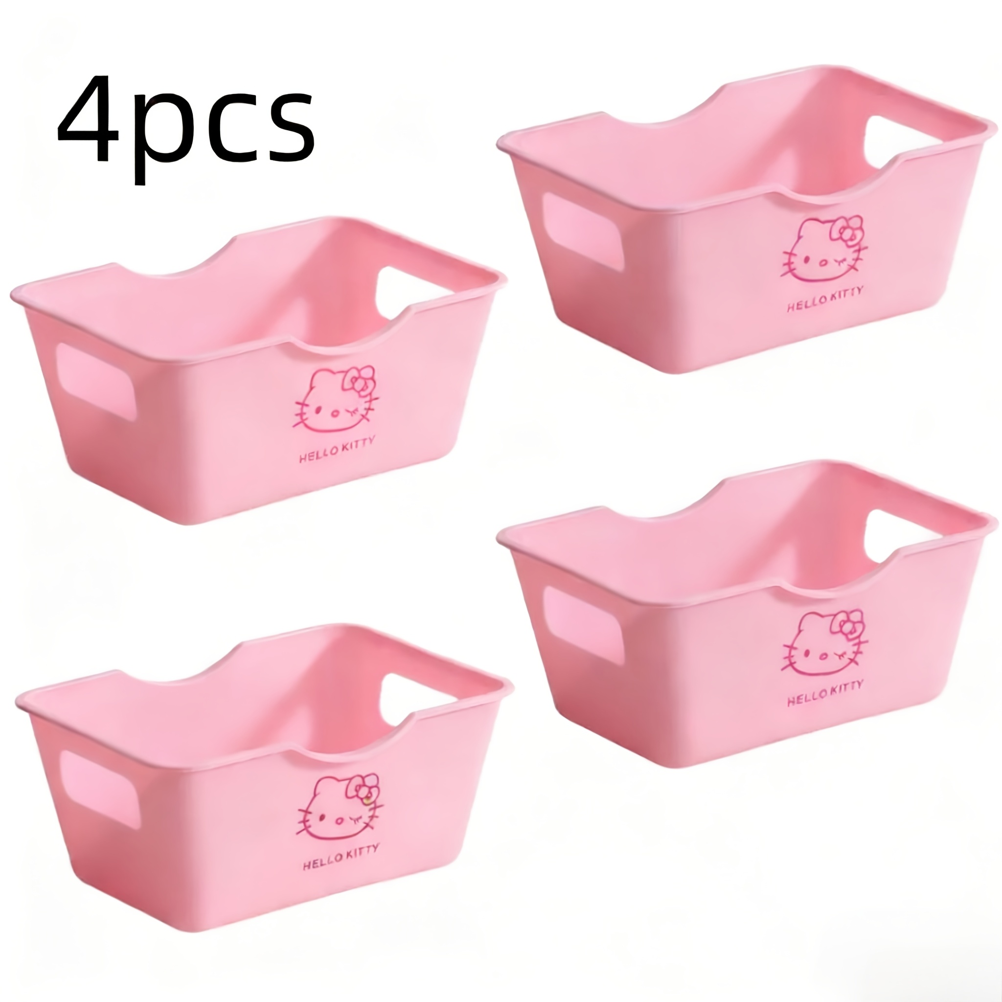 4pcs Hello Kitty Desk & Shelf Organizer - Cute Hello Kitty Face & Iconic Outfits (smiling, ), Pink Plastic Storage Bins For Supplies,, - For Home, Dorm, Office Organization - Ideal