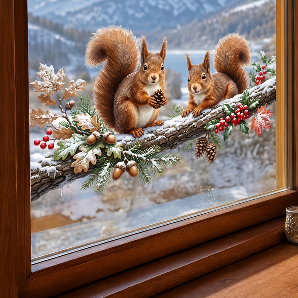 TEMU 1pc Christmas Squirrel On Branch Glass Window Cling, Holly Winter-themed Window Sticker, Holiday Decoration Suitable For Home, Coffee Shop, And