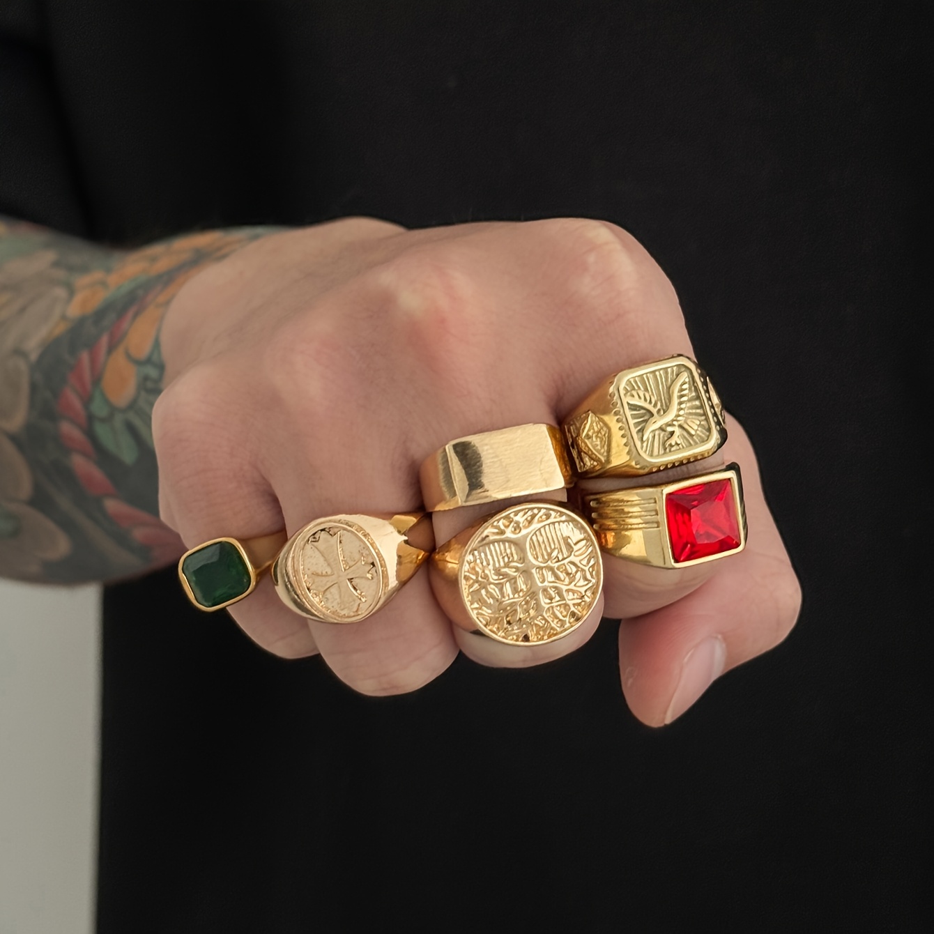 TEMU 6pcs Vintage Hip Hop Geometric Metal Rings, Inlaid With Acrylic, Charm Jewelry, For Music Festival Parties, Men's Rings