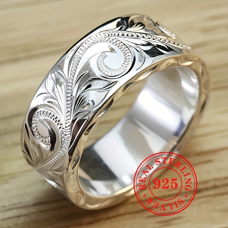 

925 Sterling Silver Wide Band Ring For Women, Vintage Engraved Leaf And Flower Carved Design, Bohemian Vocation Style Accessory Suit Daily Wear, Retro Jewelry Gifts For Women