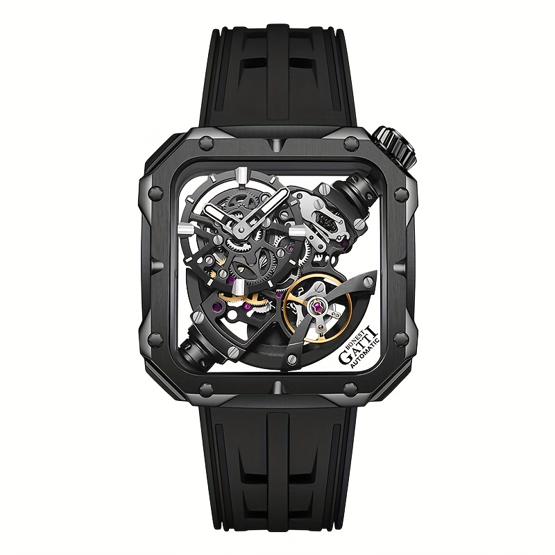 Men's Classic Square Skeleton Mechanical Watch with Fluoroelastomer Strap