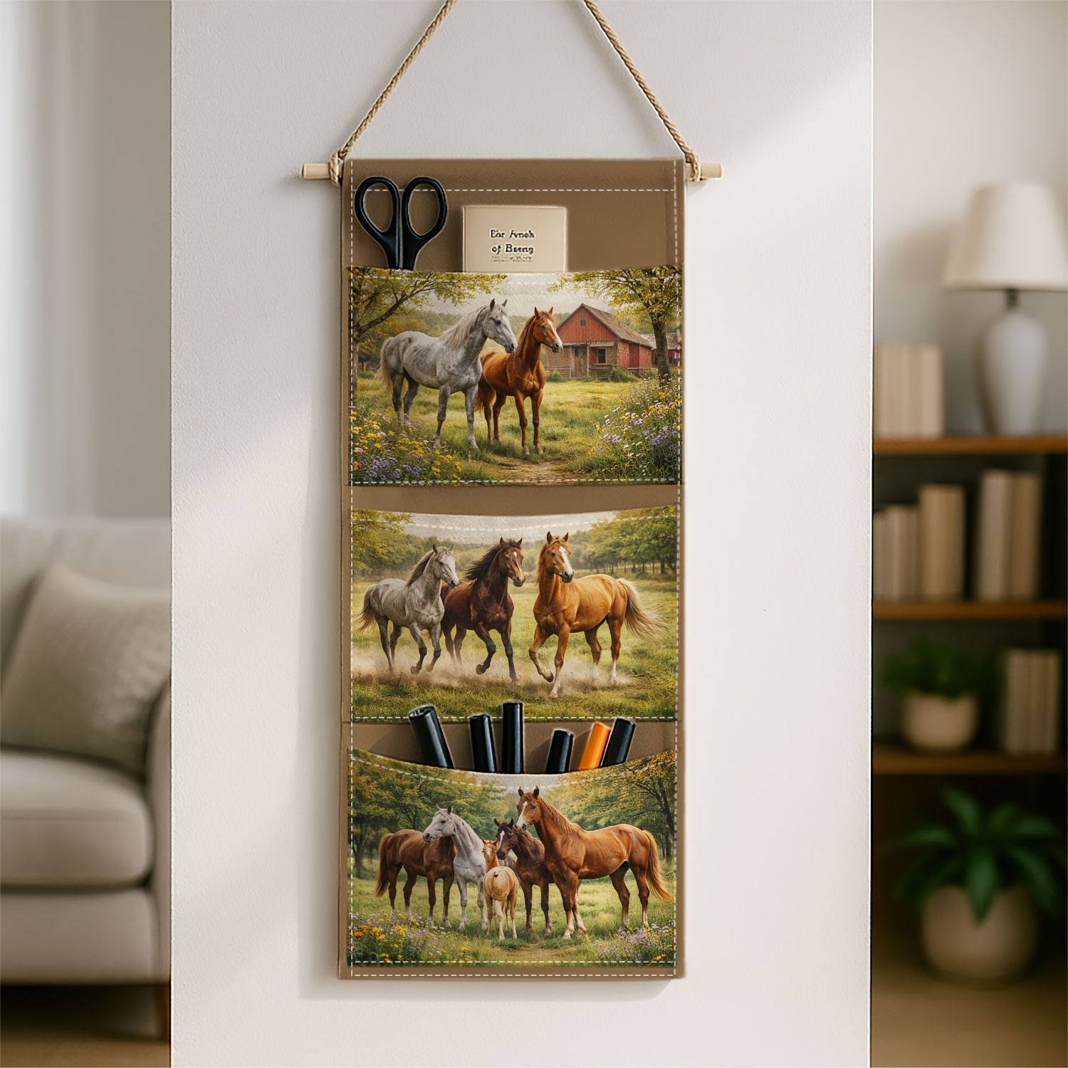 TEMU 1pc - Sac de Rangement Mural Paysager Rustique, Sac de Rangement Suspendu Multi-Niveaux, Pâturage de Chevaux, Idéal pour , ou la Décoration de