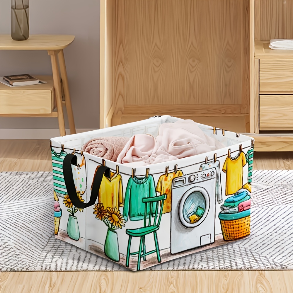 TEMU 1pc Modern Foldable Laundry Basket With Laundry Day Print - Space- Rectangular Storage Box Suitable For Dorm, Under-bed Organizer, Shelf Basket