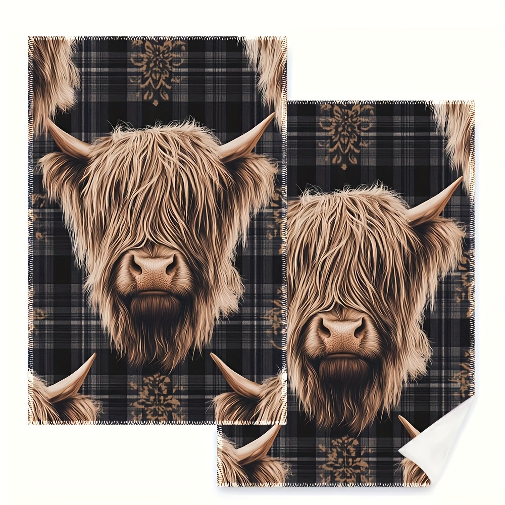 TEMU 2pcs,polyester Ultra Soft Dish Cloths & Absorbent Dish Towels Highland Cow Kitchen Towels, Vintage Cartoon, Fade Resistant,tea Towels For Drying