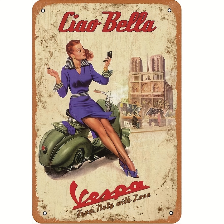 

Vintage Metal Tin Sign Wall Decor - "ciao Bella" Classic Retro Iron Plaque For Home Decoration, Italian Theme Nostalgic Art, Perfect Gift For Scooter Enthusiasts - 1pc (7.87"x11.8")