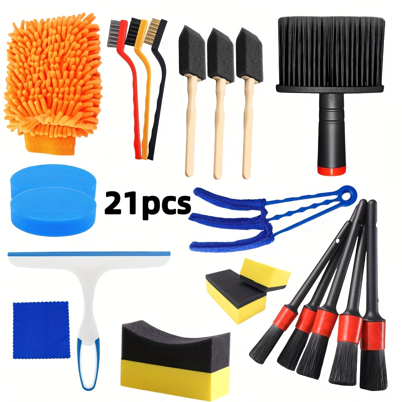 TEMU 21 pièces kit d'outils de beauté pour voiture, brosse intérieure, ensemble d'entretien véhicule, incluant brosse , chiffon lavage, éponge douce,