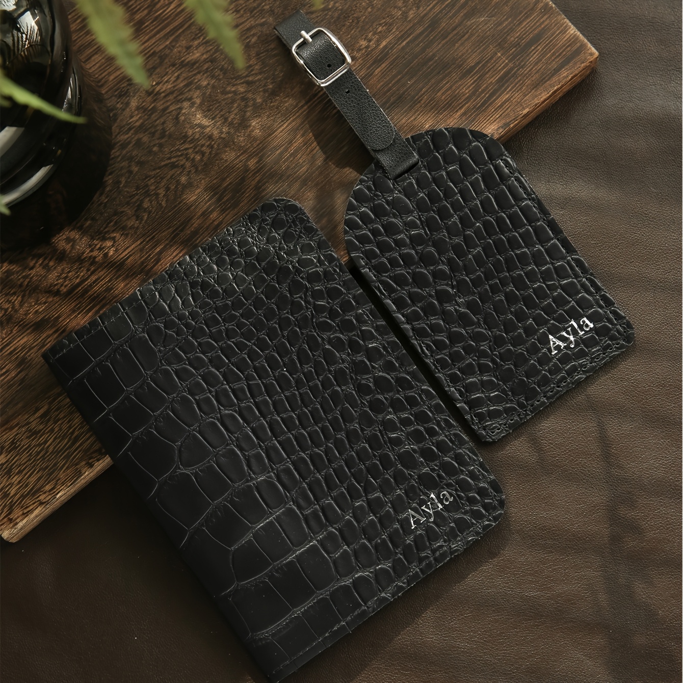 TEMU 2pcs Personalized Passport Holder & Luggage Tag Set - Name/initials, Crocodile Suitable For Travel, Luxury Alligator Print , Lightweight