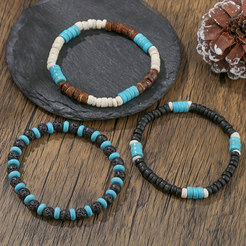3-pack Men's Bracelet Set, Vintage Handmade Beaded Turquoise Stone Stone Elastic Stackable Wooden Coconut Shell Bracelets For Men, Non-fading