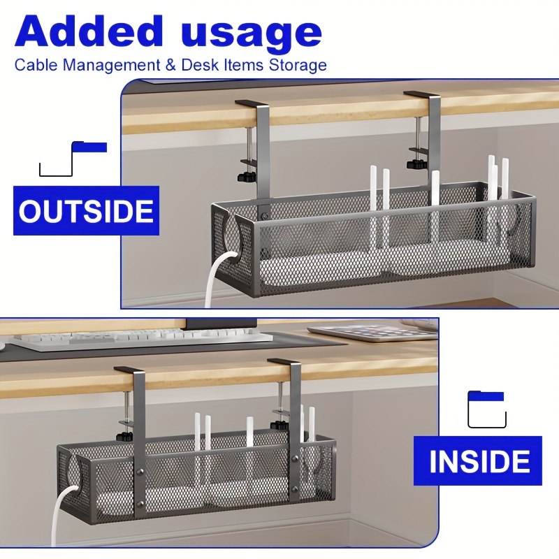 

Under-desk Cable Management Tray With Metal Long Arm - No-drill, Modern Black Wire Organizer For Office Desks, Grid, Cable Storage Box, Shelf Baskets